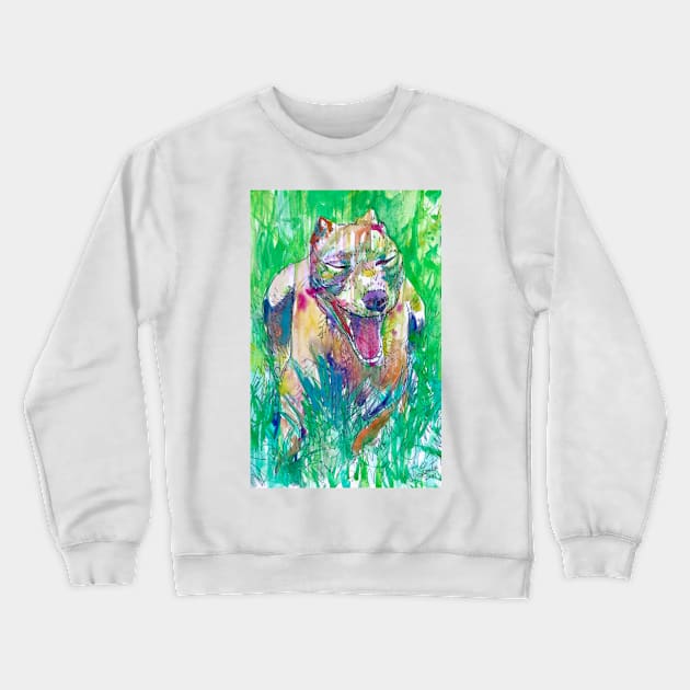 PIT BULL YAWNING IN THE GARDEN - watercolor portrait Crewneck Sweatshirt by lautir